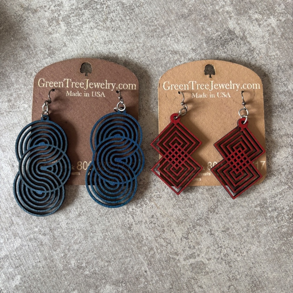 Laser cut wood earrings; 2 pairs NWT